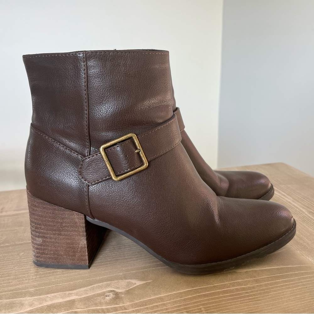 Brown vegan leather boots.